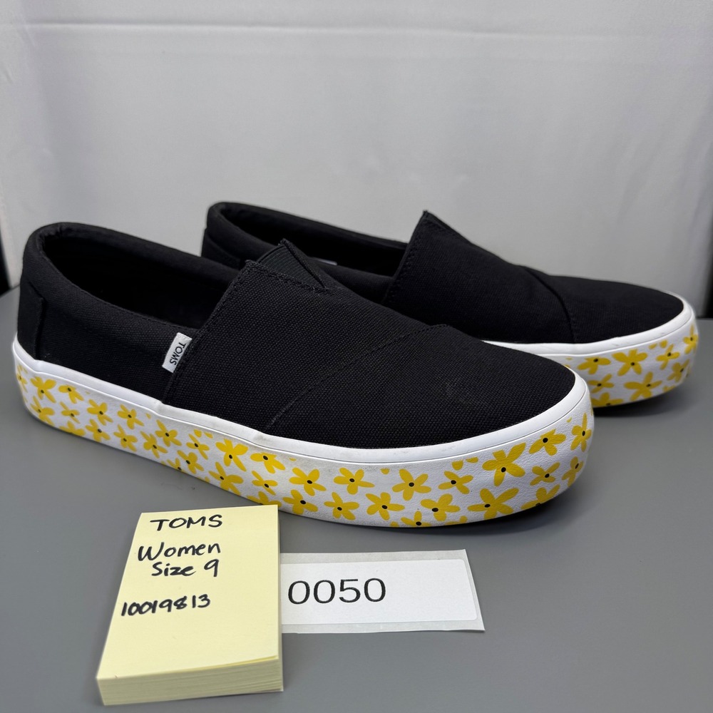 Toms ALP Fenix Women Size 9 Black Slip on Canvas Yellow Floral Platform 10019813